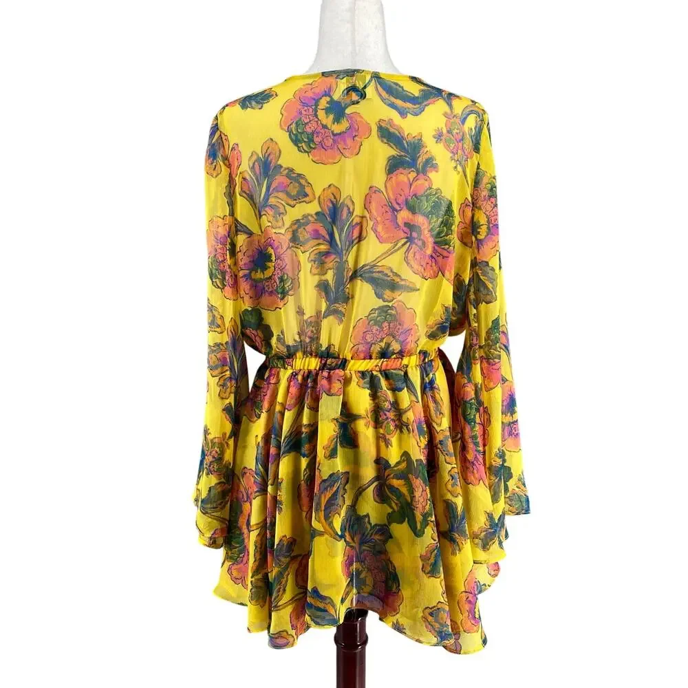 Misa Kaia Floral Chiffon Mini Dress Womens L Canary Yellow Anthropologie Revolve - Picture 3 of 16